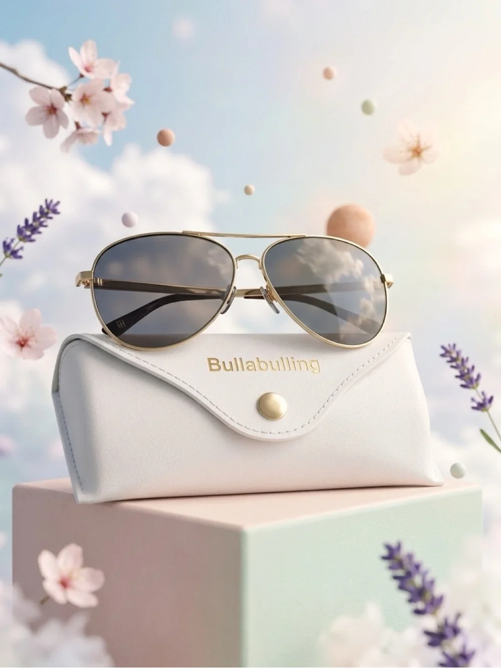 bullabulling Women's White Sunglasses Case with Gold-Accented Aviator Sunglasses